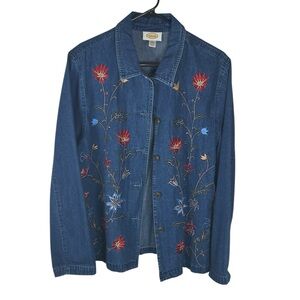 Talbots denim floral embroidered button down cotton jacket size large